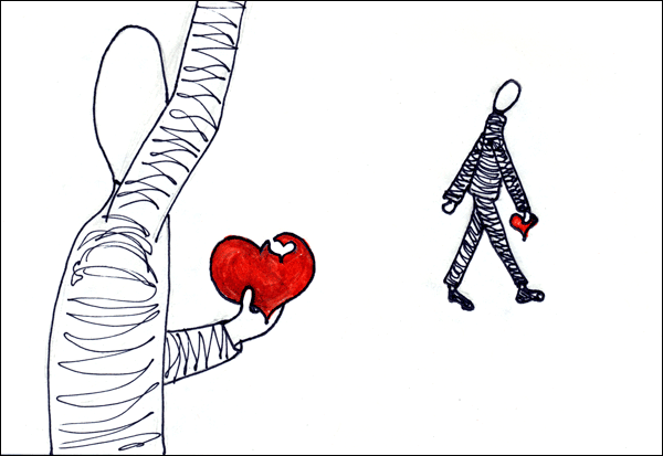 Drawing of two people parting ways.
